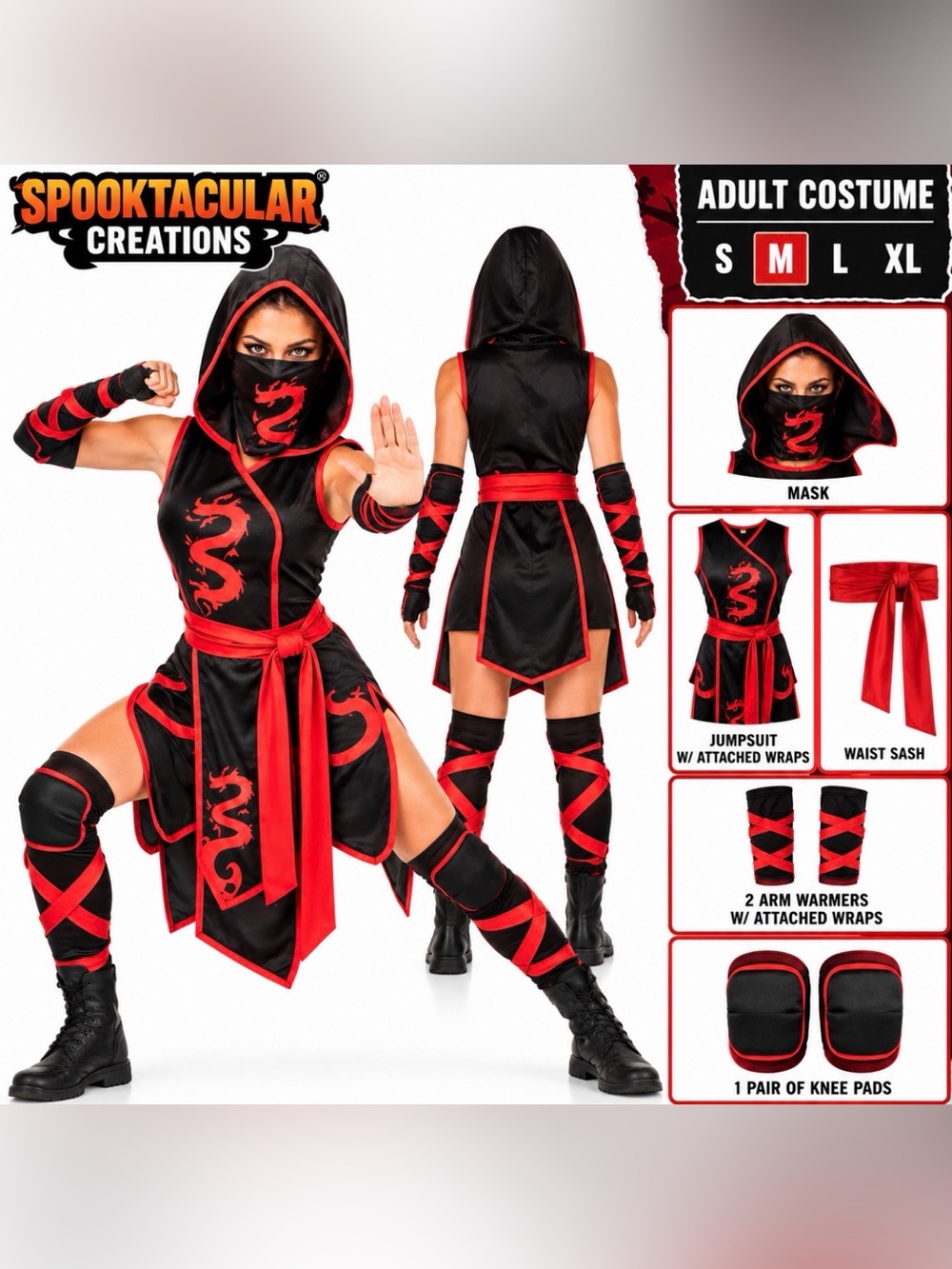 Women’s Ninja Halloween Costume Black Red Dragon Adult Medium M Complete Set